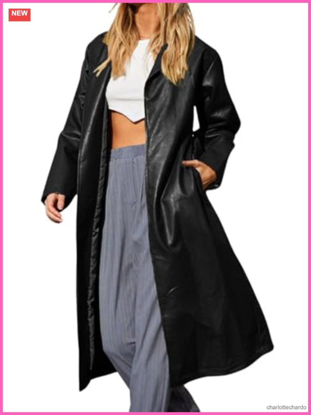 Faux Leather Trench Coat Women Long Sleeve Button Down Lapel A-Line
